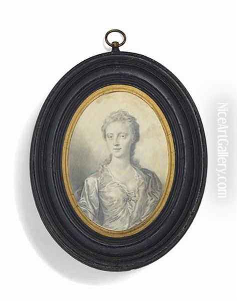 A Young Lady, In Satin Gown Fastened With A Gem-set Brooch, Long Curling Hair - view 1