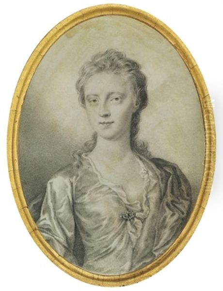 A Young Lady, In Satin Open Gown Fastened With A Gem-set Brooch, Ruffled Shift, Satin Mantle, Long Curling Hair - view 1
