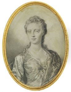 A Young Lady, In Satin Open Gown Fastened With A Gem-set Brooch, Ruffled Shift, Satin Mantle, Long Curling Hair by Thomas Forster