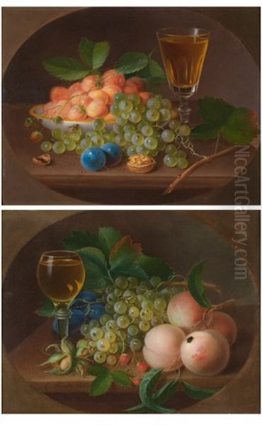 Natures Mortes De Fruits Avec Un Verre De Vin Sur Un Entablement (pair) - view 1
