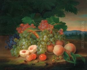 Stilleben Mit Fruchten, Trauben, Melone, Pfirsichen Und Haselnussen