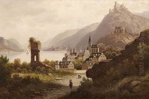 Blick Auf Die Am Rhein Gelegene Stadt Bacherach Und Ihre Fachwerkhauser