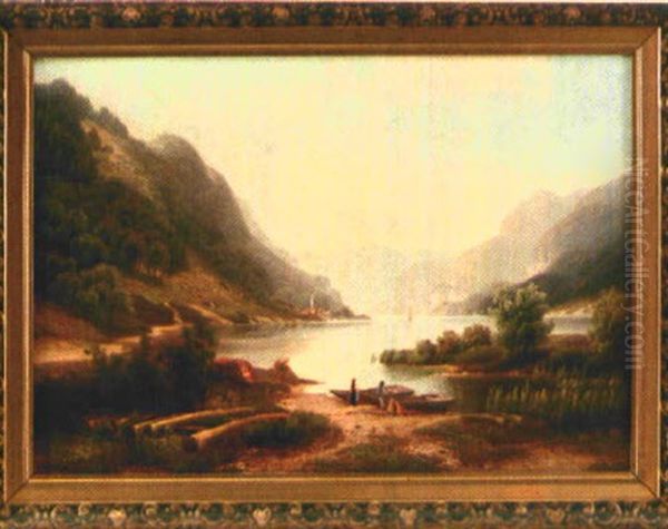 Ideallandschaft Mit Einem Von Bergen Umgebenen See Und Staffage - view 1