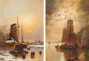 Rheinhafen Im Mondschein (+ Winterabend Am Flus; Pair) by Arnold Forstmann
