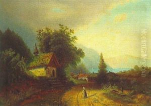 Seelandschaft Mit Dorf Und Brunnen