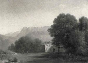 Bewaldetes Tal Mit Gehoft Vor Bergkette by Jean Antoine Simeon Fort