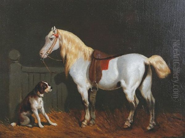 Horse With A Dog In A Stable - view 1