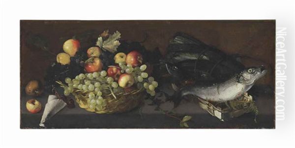Apples And Grapes In A Basket With Fish On A Stone Ledge - view 1