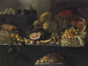 A Basket Of Apples, Calabashes, An Upturned Copper Vessel, Figs, Melons, And Other Fruit On Rocky Ledges