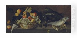 Fruits Varies Dans Un Panier Et Poissons Sur Un Entablement En Pierre