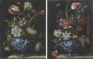 Tulips, Chrysanthemums, Irises, And Carnations In An Urn On A Ledge (+ Flowers An Ornamental Urn On A Ledge; Pair) by Luca Forte