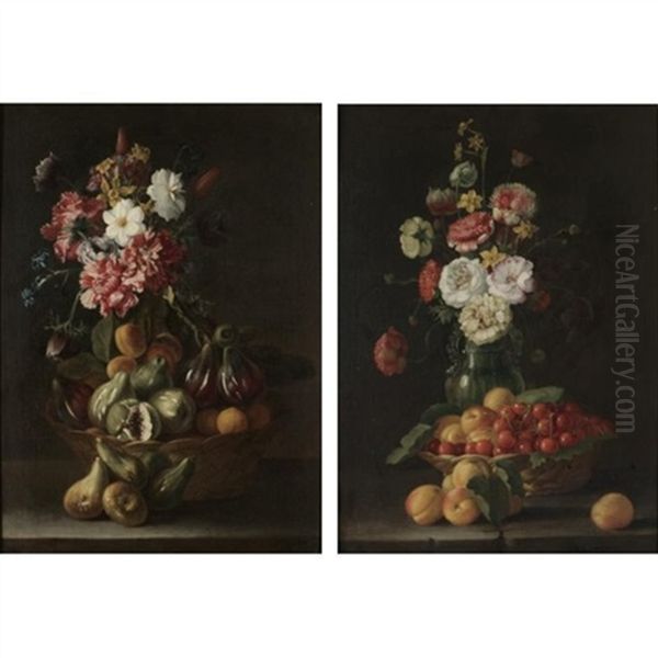 Still Life With A Basket Of Figs And Plums Together With A Bouquet Of Flowers (+ Still Life With A Basket Of Peaches And Cherries Together With A Bouquet Of Flowers In An Earthenware Vase; Pair) - view 1