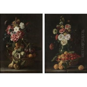Still Life With A Basket Of Figs And Plums Together With A Bouquet Of Flowers (+ Still Life With A Basket Of Peaches And Cherries Together With A Bouquet Of Flowers In An Earthenware Vase; Pair)