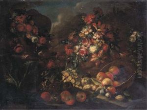 Tulips, Carnations, Roses And Other Flowers In A Vase, With Flower Garlands Draped Around An Urn On A Stone Pedestal, With Fruits And Flowers On A Forest Floor