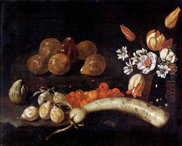 Natura Morta Di Pere, Ciliegie, Zucca E Fichi Con Vaso Di Fiori - view 1