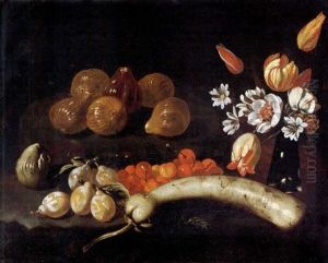 Natura Morta Di Pere, Ciliegie, Zucca E Fichi Con Vaso Di Fiori