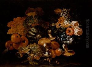 Mushrooms, Plums, Peaches, Grapes And Other Fruit In A Landscape With A Silver Gilt Vase Of Narcissi, Roses, Delphiniums And Other Flowers