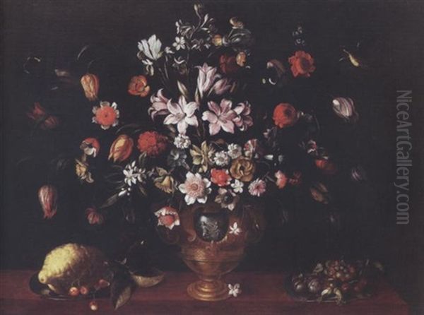 Tulips, Carnations, Lilies, Narcissi And Other Flowers In An Urn With Plums, Cherries And Other Fruit On A Salver And A Lemon With Cherries On A Salver With Two Butterflies And A Bird - view 1