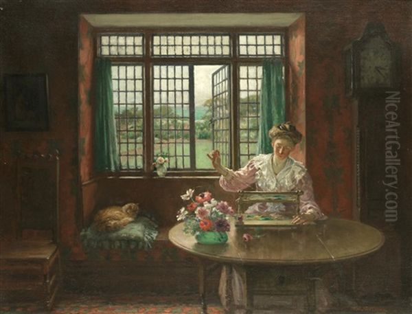 Lady Sewing By An Open Window - view 1