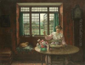Lady Sewing By An Open Window by William Banks Fortescue