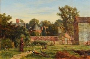 A Woman Feeding Peacocks, Doves And Poultry By A Garden Wall, View To Stable Buildings And A Country House Beyond