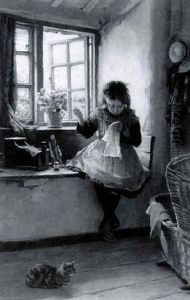 Young Girl Sewing By Window by William Banks Fortescue