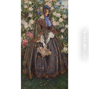 Victorian Lady Standing Before A Large Rhododendron