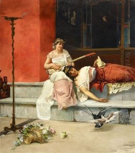 Classical Roman Interior With Two Young Ladies by Ettore Forti