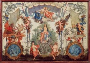Panneau A Decor De Grotesques Avec Les Figures De Leda, Pluton Et Neptune