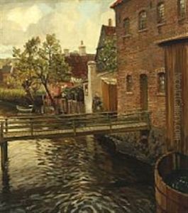 Scenery By A Canal With A Bridge And Houses by Carl Forup