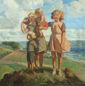 Hilltop With Siblings, In The Background View Over The Sea by Carl Forup