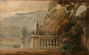 Southern Landscape With A Sculpture In The Foreground And Mountains In The Background