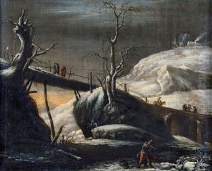 Winterlandschaft Mit Holzsteg Uber Einem Fluss