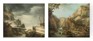 1 - Paysage D'hiver Avec Villageois En Chemin Vers Un Refuge.   2 - Pecheurs Au Pied D'une Cascade.