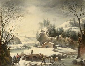 Chasseur De Canards Et Promeneurs Dans Un Paysage Enneige