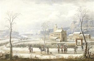 Figures In A Winter Landscape, Before A Village by Francesco Foschi