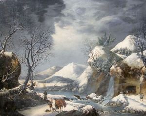 Paysage Montagneux Sous La Neige Avec Des Villageois En Chemin