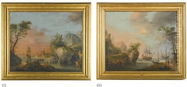A Pair Of Evening Coastal Landscapes Of Natural Harbours With Rocky Promontories And Ships At Anchor - view 1