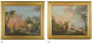 A Pair Of Evening Coastal Landscapes Of Natural Harbours With Rocky Promontories And Ships At Anchor thumbnail