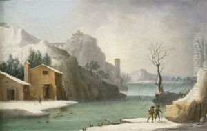 A Winter Landscape With Travellers Along A River, A Hilltop Town Beyond by Francesco Foschi