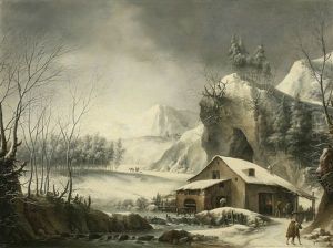 A Winter River Landscape With Figures Before A Mill