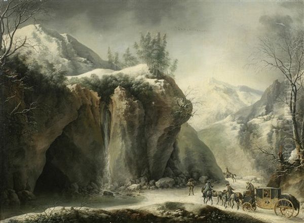 A Rocky Winter Landscape With Elegant Figures In A Horse-drawn Carriage - view 1