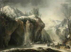 A Rocky Winter Landscape With Elegant Figures In A Horse-drawn Carriage by Francesco Foschi