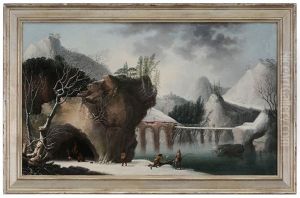Frozen Landscape, With Figures By A Fire In A Cave Frozen Landscape, With Figures By A Fire In A Cave