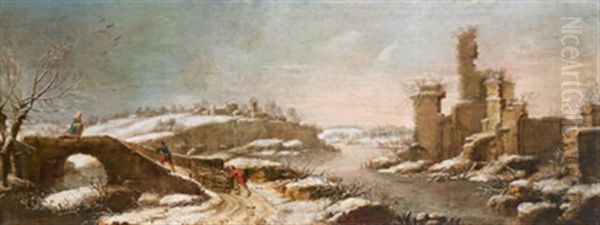 Winterlandschaft Mit Einem Verfallenen Kastell Und Holzfallern, Die Einen Beladenen Schlitten Ziehen - view 1