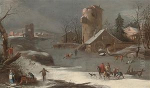A Winter Landscape With Skaters On A Frozen River And A Town Beyond by Francesco Foschi