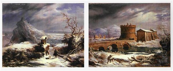 Viandanti E Cacciatori In Un Pasaggio Invernale (+ Veduta Di Ponte Lucano) - view 1