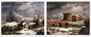 Viandanti E Cacciatori In Un Pasaggio Invernale (+ Veduta Di Ponte Lucano) by Francesco Foschi