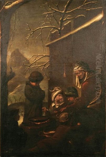 Peasants Cooking On Open Fire In Winter Landscape - view 1