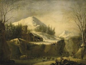 Winter Im Gebirge. Blick Auf Eine Poststation Mit Schmiede, Vorn Reisende Auf Einem Pfad